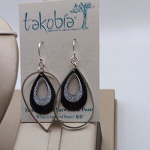 NWT Takobia Sterling Silver Earwires Black and Silver Layered Teardrop Earrings